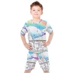 Rainbow Fun Cute Minimal Doodle Drawing Kids  T-shirt And Shorts Set by uniart180623