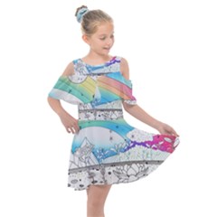 Rainbow Fun Cute Minimal Doodle Drawing Kids  Shoulder Cutout Chiffon Dress by uniart180623