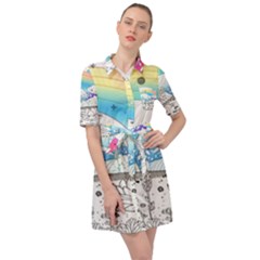 Rainbow Fun Cute Minimal Doodle Drawing Belted Shirt Dress by uniart180623