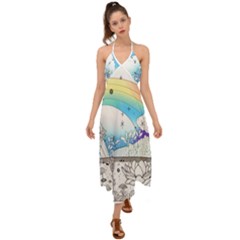 Rainbow Fun Cute Minimal Doodle Drawing Halter Tie Back Dress  by uniart180623