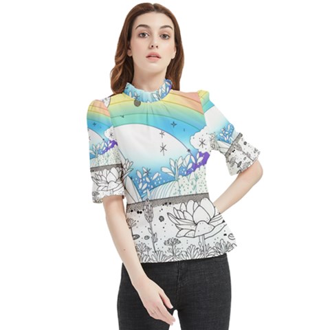 Rainbow Fun Cute Minimal Doodle Drawing Frill Neck Blouse by uniart180623