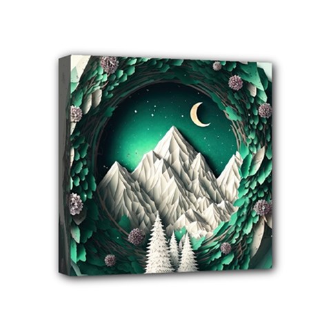 Christmas Wreath Winter Mountains Snow Stars Moon Mini Canvas 4  X 4  (stretched)