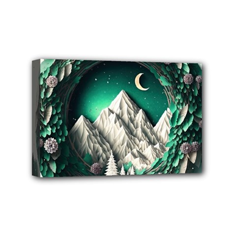 Christmas Wreath Winter Mountains Snow Stars Moon Mini Canvas 6  X 4  (stretched)