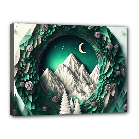 Christmas Wreath Winter Mountains Snow Stars Moon Canvas 16  X 12  (stretched)