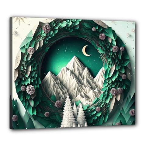 Christmas Wreath Winter Mountains Snow Stars Moon Canvas 24  X 20  (stretched)