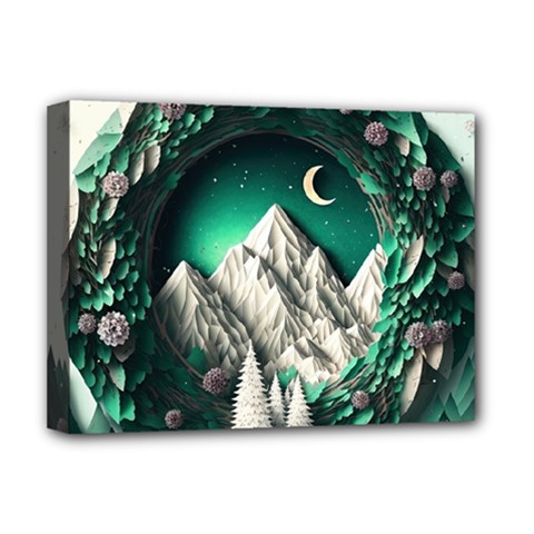 Christmas Wreath Winter Mountains Snow Stars Moon Deluxe Canvas 16  X 12  (stretched) 