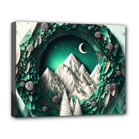 Christmas Wreath Winter Mountains Snow Stars Moon Deluxe Canvas 20  X 16  (stretched)