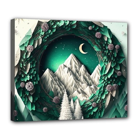 Christmas Wreath Winter Mountains Snow Stars Moon Deluxe Canvas 24  X 20  (stretched)