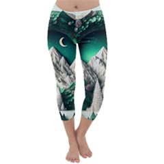 Christmas Wreath Winter Mountains Snow Stars Moon Capri Winter Leggings 