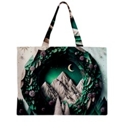 Christmas Wreath Winter Mountains Snow Stars Moon Zipper Mini Tote Bag