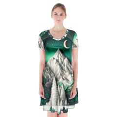 Christmas Wreath Winter Mountains Snow Stars Moon Short Sleeve V-neck Flare Dress