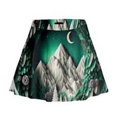 Christmas Wreath Winter Mountains Snow Stars Moon Mini Flare Skirt