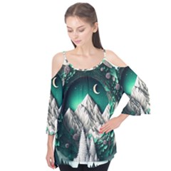 Christmas Wreath Winter Mountains Snow Stars Moon Flutter Sleeve T-shirt 