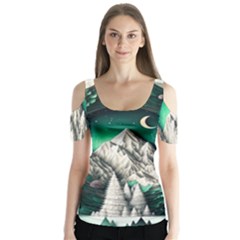 Christmas Wreath Winter Mountains Snow Stars Moon Butterfly Sleeve Cutout T-shirt 