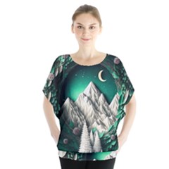 Christmas Wreath Winter Mountains Snow Stars Moon Batwing Chiffon Blouse