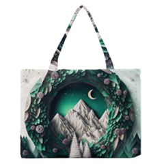 Christmas Wreath Winter Mountains Snow Stars Moon Zipper Medium Tote Bag