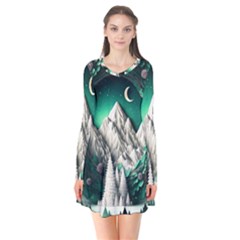 Christmas Wreath Winter Mountains Snow Stars Moon Long Sleeve V-neck Flare Dress