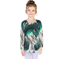 Christmas Wreath Winter Mountains Snow Stars Moon Kids  Long Sleeve T-shirt