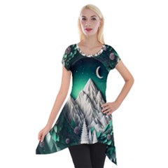 Christmas Wreath Winter Mountains Snow Stars Moon Short Sleeve Side Drop Tunic