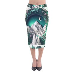 Christmas Wreath Winter Mountains Snow Stars Moon Velvet Midi Pencil Skirt