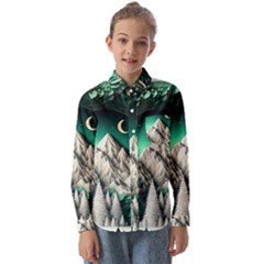 Christmas Wreath Winter Mountains Snow Stars Moon Kids  Long Sleeve Shirt