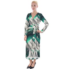 Christmas Wreath Winter Mountains Snow Stars Moon Velvet Maxi Wrap Dress