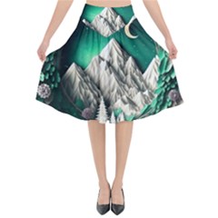 Christmas Wreath Winter Mountains Snow Stars Moon Flared Midi Skirt