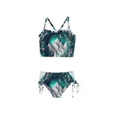 Christmas Wreath Winter Mountains Snow Stars Moon Girls  Tankini Swimsuit