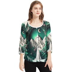 Christmas Wreath Winter Mountains Snow Stars Moon Chiffon Quarter Sleeve Blouse