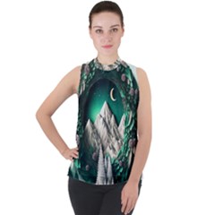 Christmas Wreath Winter Mountains Snow Stars Moon Mock Neck Chiffon Sleeveless Top