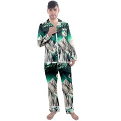 Christmas Wreath Winter Mountains Snow Stars Moon Men s Long Sleeve Satin Pajamas Set