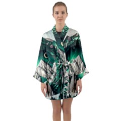 Christmas Wreath Winter Mountains Snow Stars Moon Long Sleeve Satin Kimono