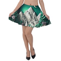 Christmas Wreath Winter Mountains Snow Stars Moon Velvet Skater Skirt