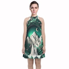 Christmas Wreath Winter Mountains Snow Stars Moon Velvet Halter Neckline Dress 