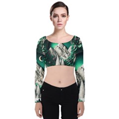 Christmas Wreath Winter Mountains Snow Stars Moon Velvet Long Sleeve Crop Top