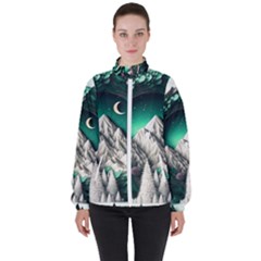 Christmas Wreath Winter Mountains Snow Stars Moon Women s High Neck Windbreaker