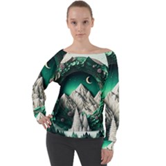 Christmas Wreath Winter Mountains Snow Stars Moon Off Shoulder Long Sleeve Velour Top