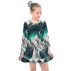 Christmas Wreath Winter Mountains Snow Stars Moon Kids  Long Sleeve Dress