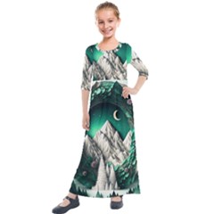 Christmas Wreath Winter Mountains Snow Stars Moon Kids  Quarter Sleeve Maxi Dress