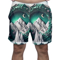 Christmas Wreath Winter Mountains Snow Stars Moon Men s Shorts