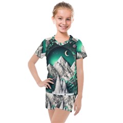 Christmas Wreath Winter Mountains Snow Stars Moon Kids  Mesh T-shirt And Shorts Set