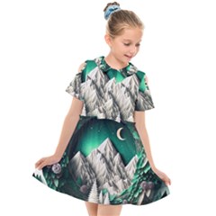 Christmas Wreath Winter Mountains Snow Stars Moon Kids  Short Sleeve Shirt Dress