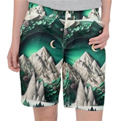 Christmas Wreath Winter Mountains Snow Stars Moon Women s Pocket Shorts