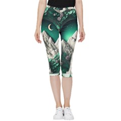 Christmas Wreath Winter Mountains Snow Stars Moon Inside Out Lightweight Velour Capri Leggings 