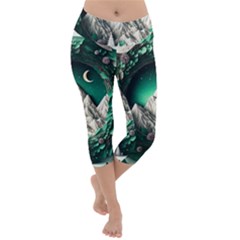 Christmas Wreath Winter Mountains Snow Stars Moon Lightweight Velour Capri Yoga Leggings