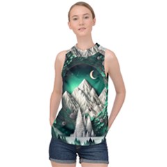 Christmas Wreath Winter Mountains Snow Stars Moon High Neck Satin Top by uniart180623