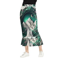 Christmas Wreath Winter Mountains Snow Stars Moon Maxi Fishtail Chiffon Skirt