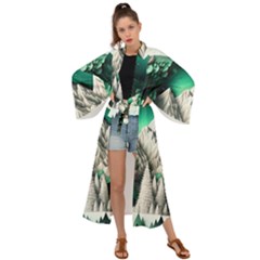 Christmas Wreath Winter Mountains Snow Stars Moon Maxi Kimono