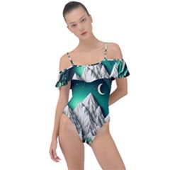 Christmas Wreath Winter Mountains Snow Stars Moon Frill Detail One Piece Swimsuit