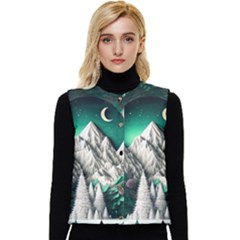 Christmas Wreath Winter Mountains Snow Stars Moon Women s Button Up Puffer Vest